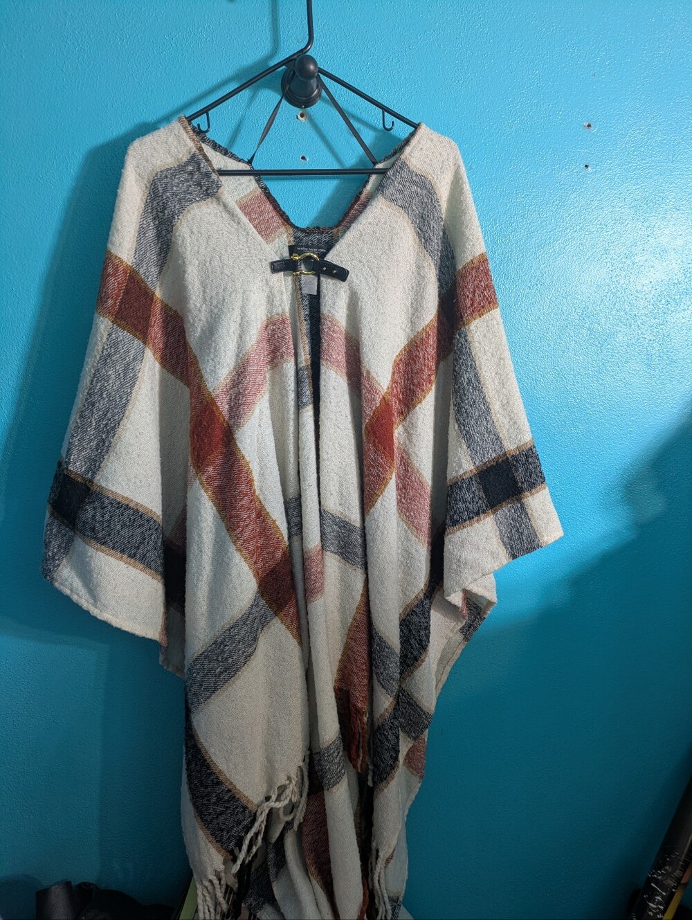 Cozy Plaid Fringe Poncho - Cream, Rust & Charcoal Marc New York Quiet Luxury